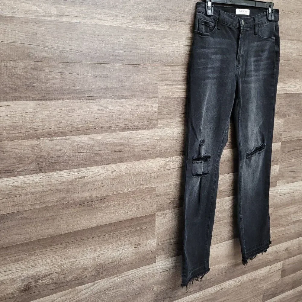 Vibrant Miu Split Leg Vintage Black Bootcut‎ Ripped Jeans Womens Raw Hem 3 / 25